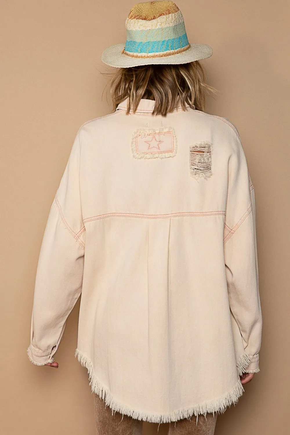 POL Button Down Raw Hem Distressed Shacket sold by Charming Charlie product image thumbnail 2