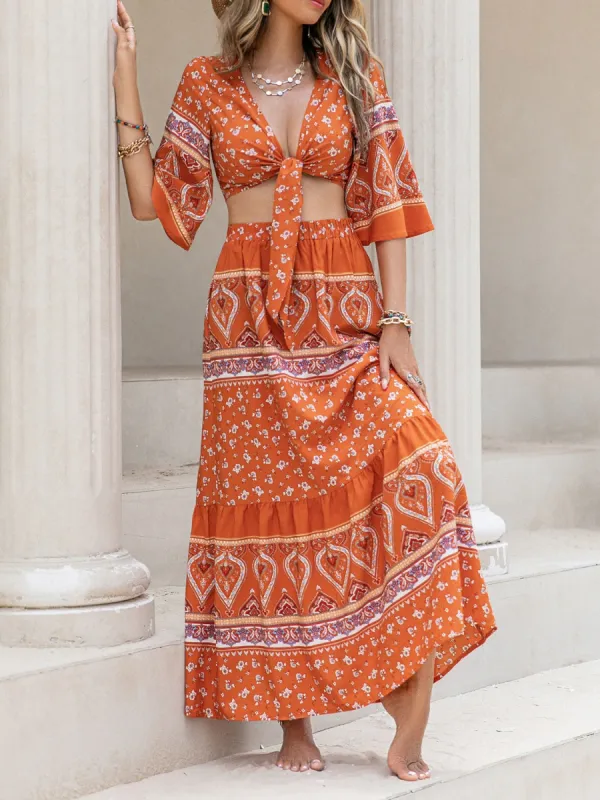 Printed Plunge Half Sleeve Top and Skirt Set sold by Charming Charlie