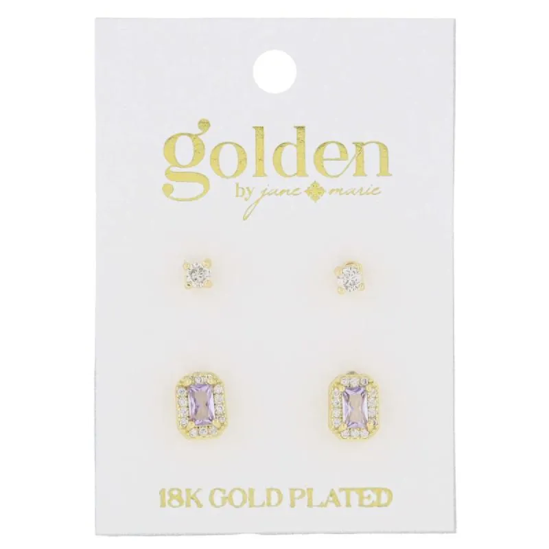 18K Gold Plated 2 Stud Set, Crystal, Light Amethyst Baguette Earrings, .15", .35" Top to Bottom sold by Charming Charlie