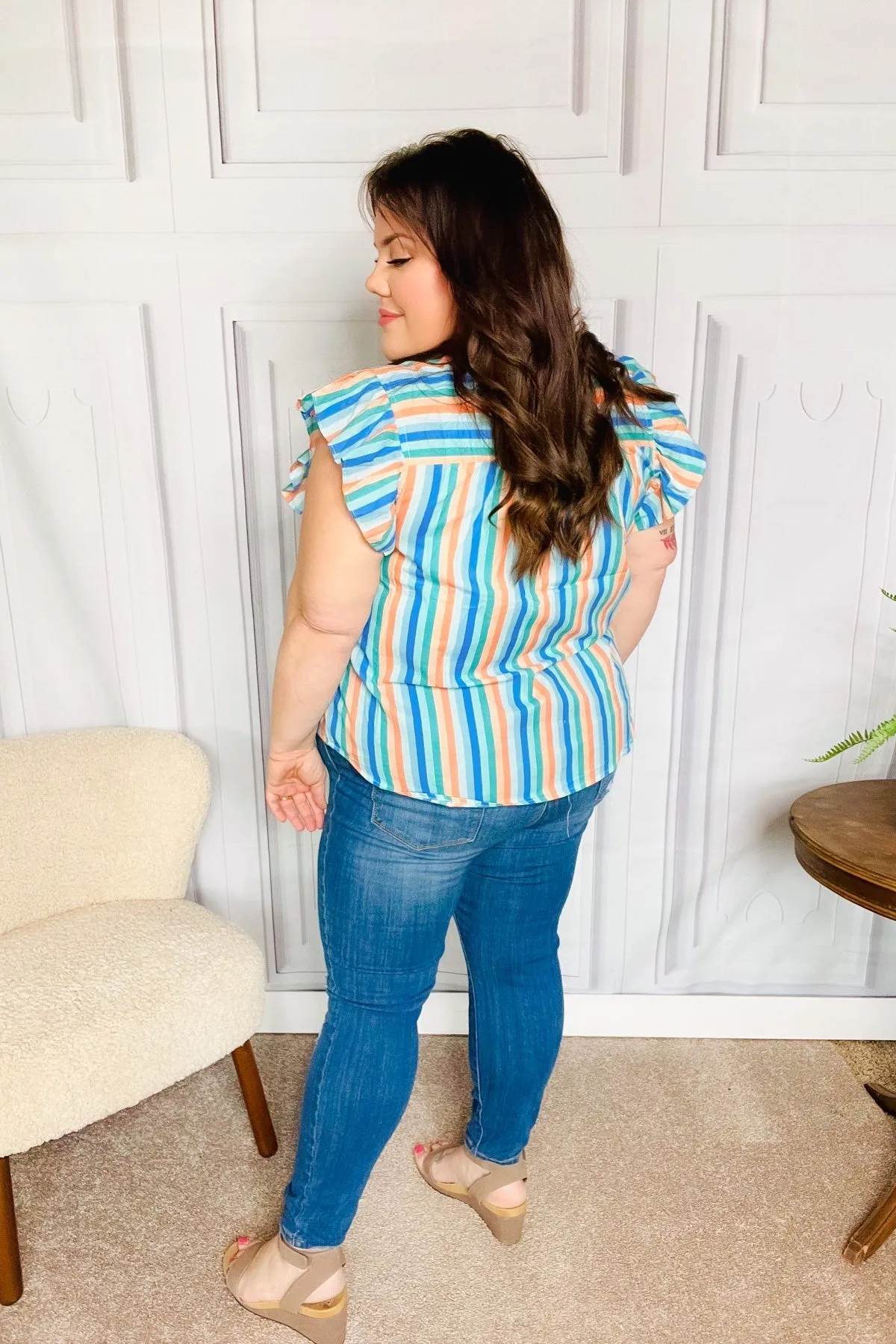 Happy Thoughts Sky Blue Striped Frill Button Down Top sold by Charming Charlie product image thumbnail 3