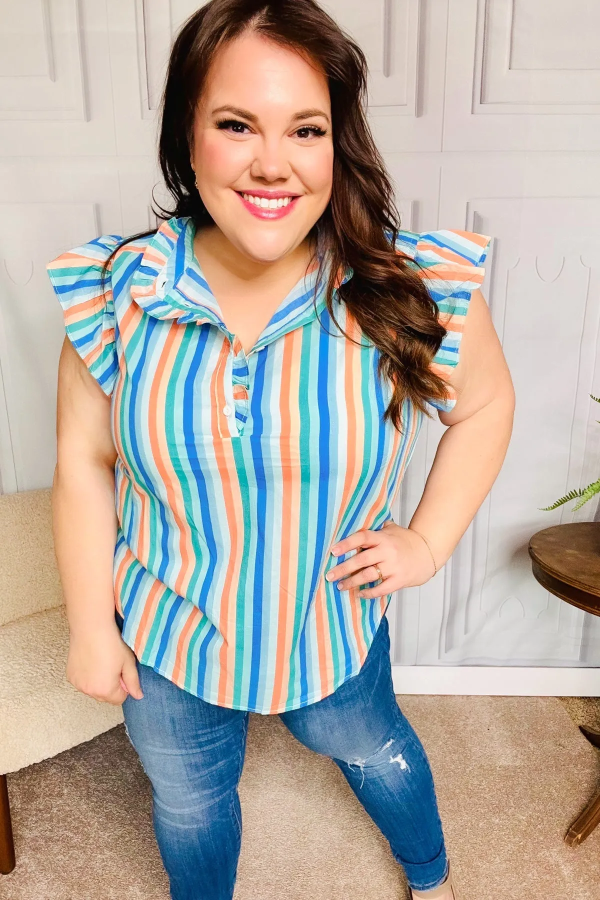 Happy Thoughts Sky Blue Striped Frill Button Down Top sold by Charming Charlie