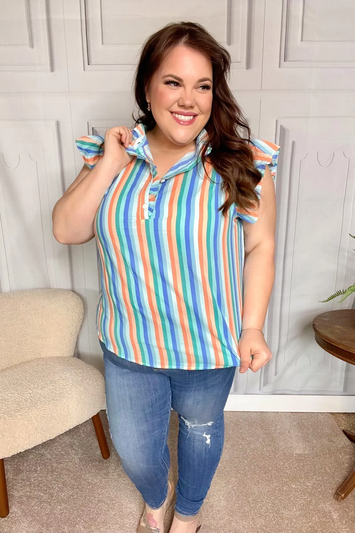 Happy Thoughts Sky Blue Striped Frill Button Down Top sold by Charming Charlie product image thumbnail 4
