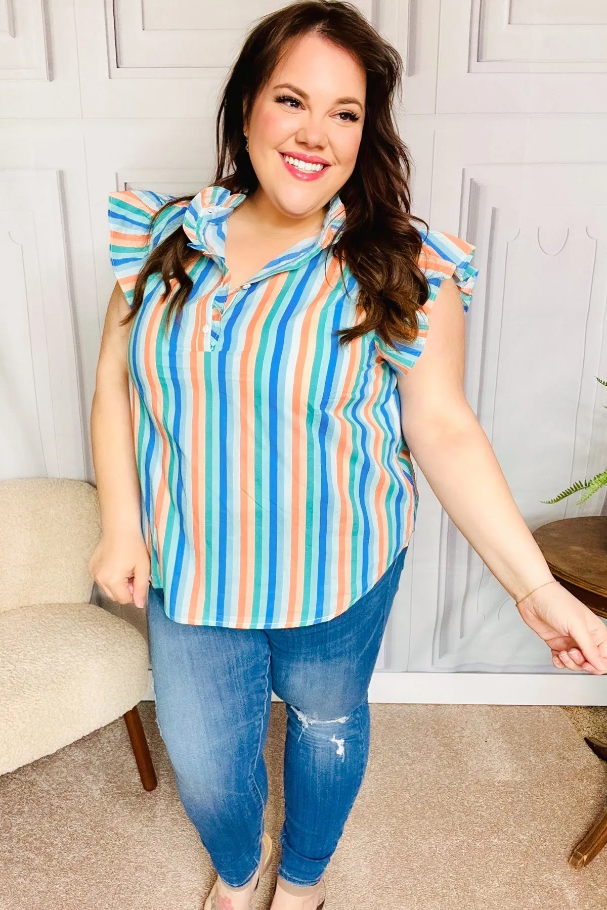 Happy Thoughts Sky Blue Striped Frill Button Down Top sold by Charming Charlie product image thumbnail 2