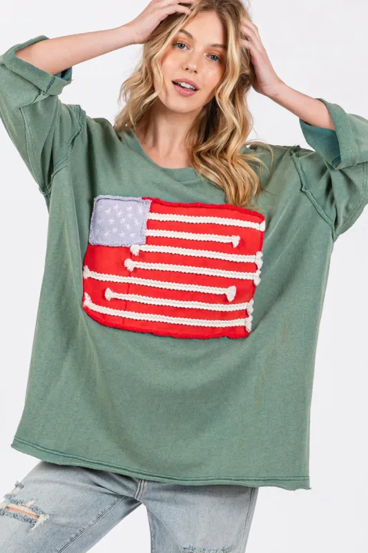SAGE + FIG Full Size American Flag Patch Drop Shoulder T-Shirt sold by Charming Charlie