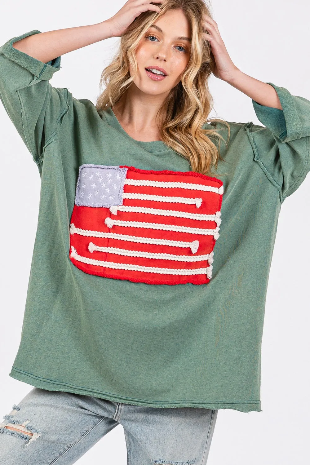 SAGE + FIG Full Size American Flag Patch Drop Shoulder T-Shirt sold by Charming Charlie