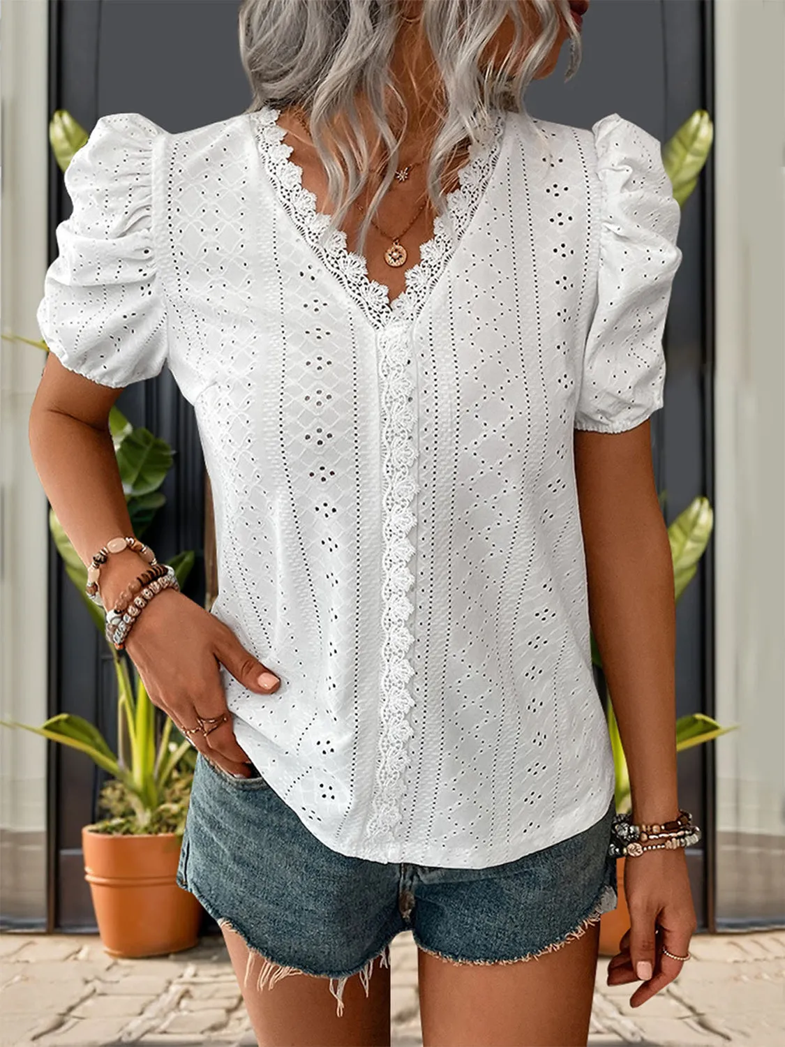Lace Detail Eyelet V-Neck Short Sleeve Blouse sold by Charming Charlie