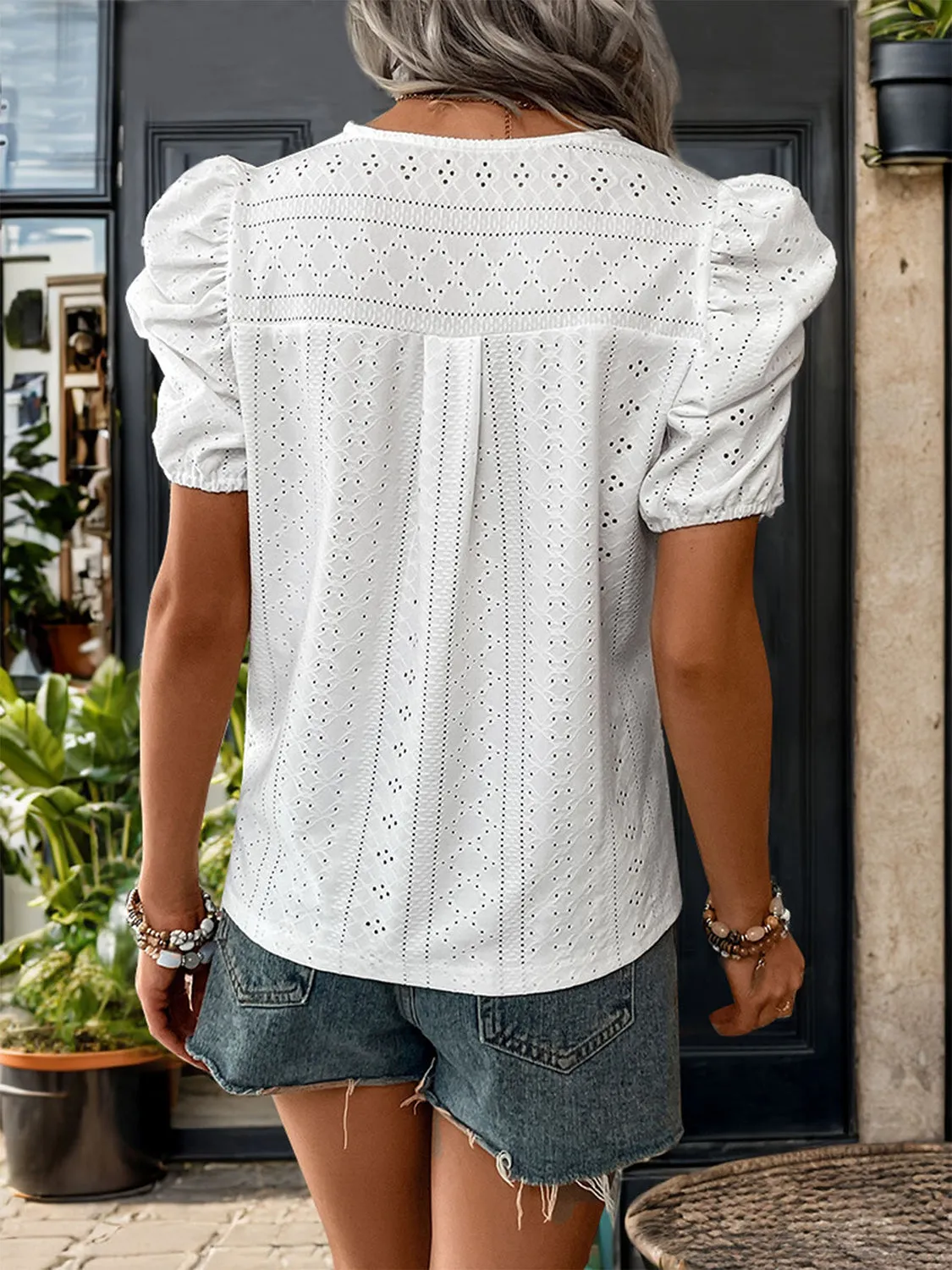 Lace Detail Eyelet V-Neck Short Sleeve Blouse sold by Charming Charlie product image thumbnail 2