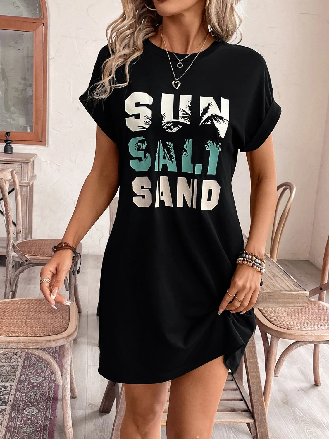 Letter Graphic Round Neck Short Sleeve Mini Tee Dress sold by Charming Charlie