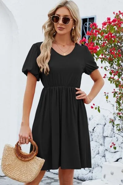 V-Neck Balloon Short Sleeve Dress sold by Charming Charlie