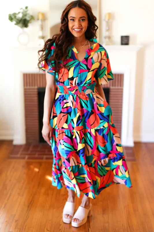 Be Bold Multicolor Abstract Tropical Print Smocked Waist Maxi Dress sold by Charming Charlie