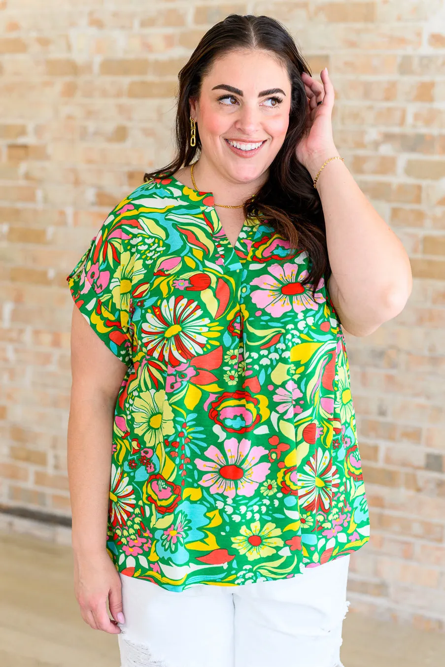 Lizzy Cap Sleeve Top in Retro Green Floral sold by Charming Charlie product image thumbnail 2