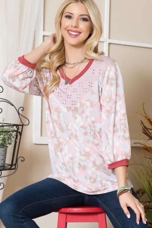 Celeste Full Size Leaf Print Contrast Trim Balloon Sleeve Top sold by Charming Charlie