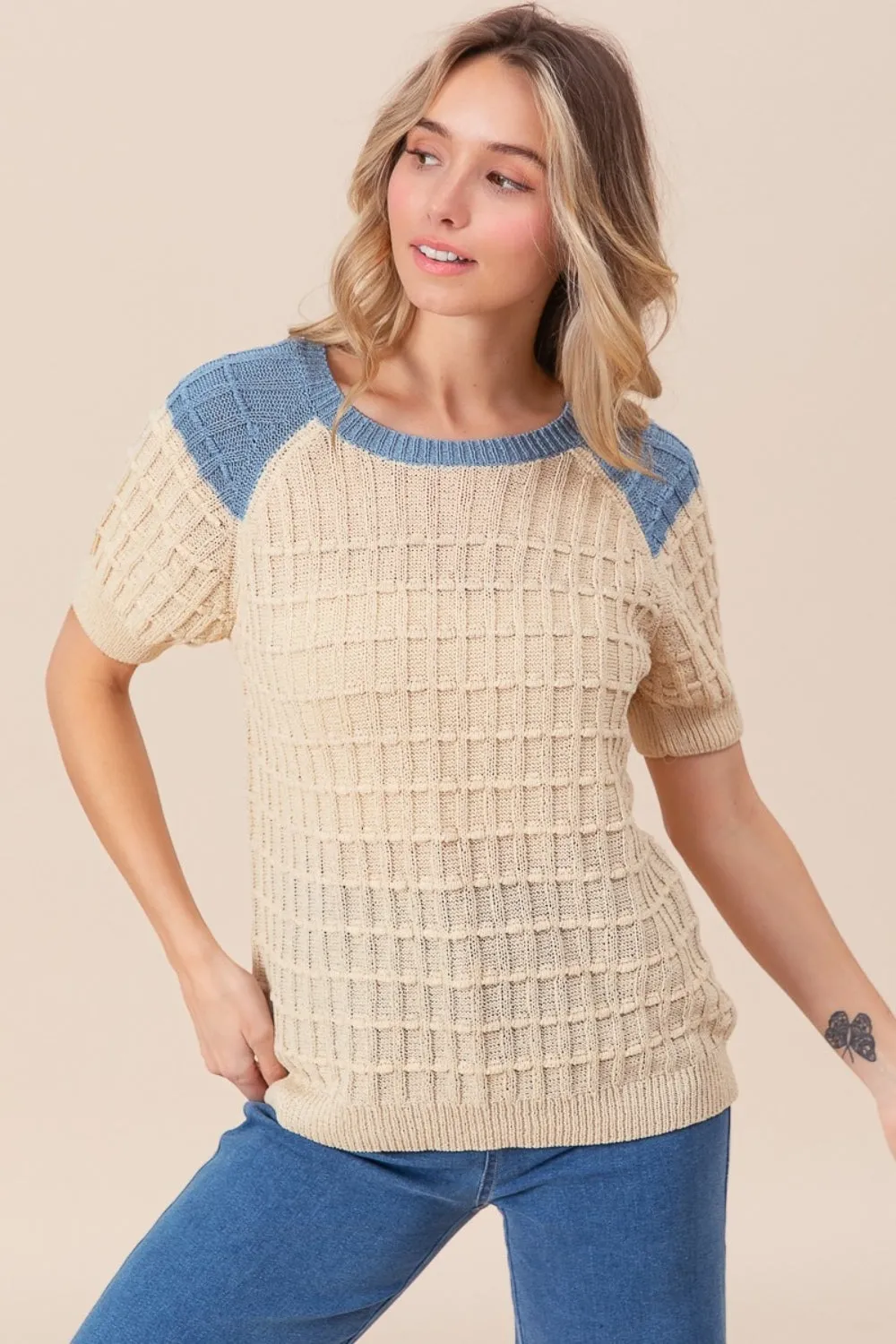 BiBi Textured Contrast Short Sleeve Sweater sold by Charming Charlie product image thumbnail 3