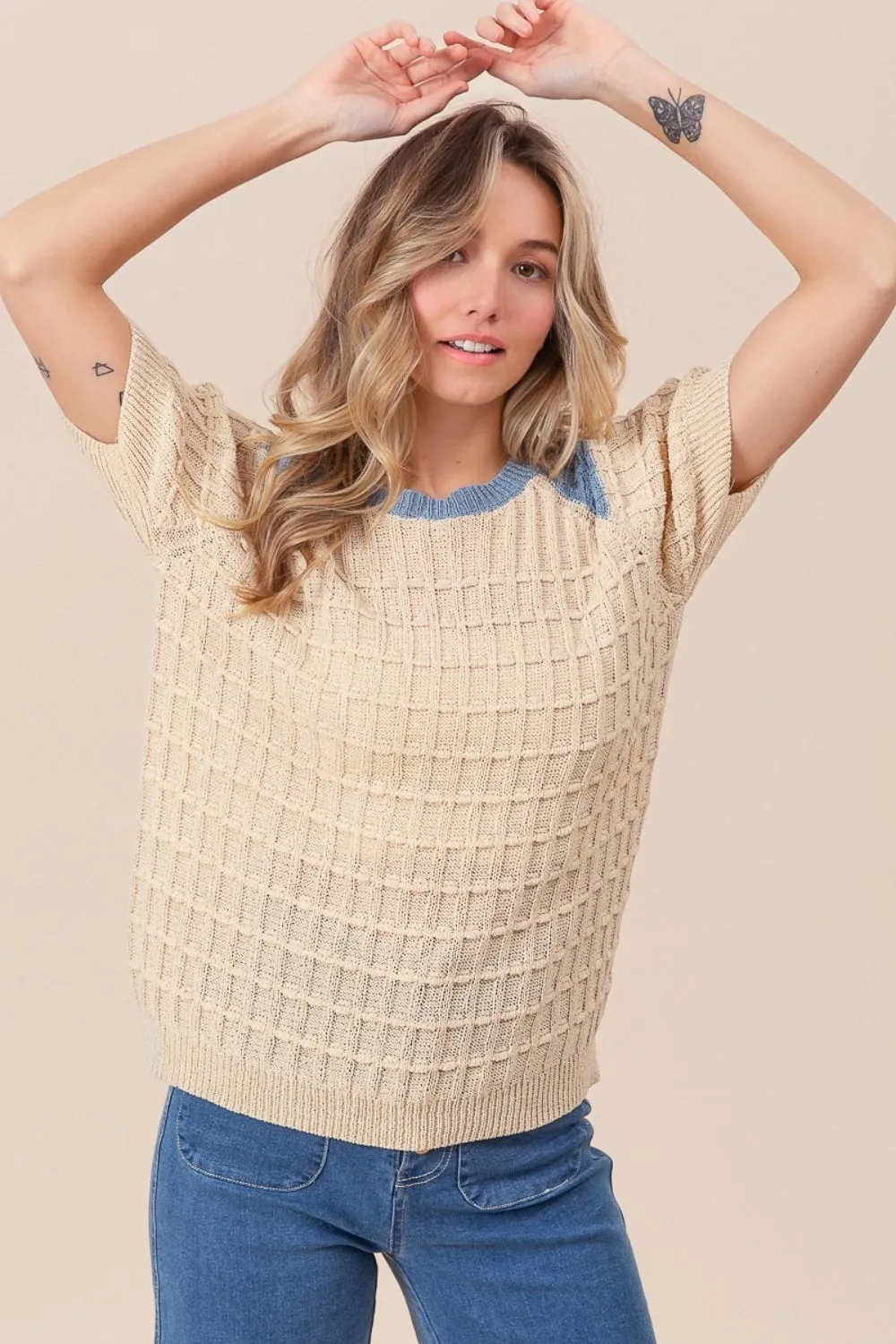 BiBi Textured Contrast Short Sleeve Sweater sold by Charming Charlie product image thumbnail 4