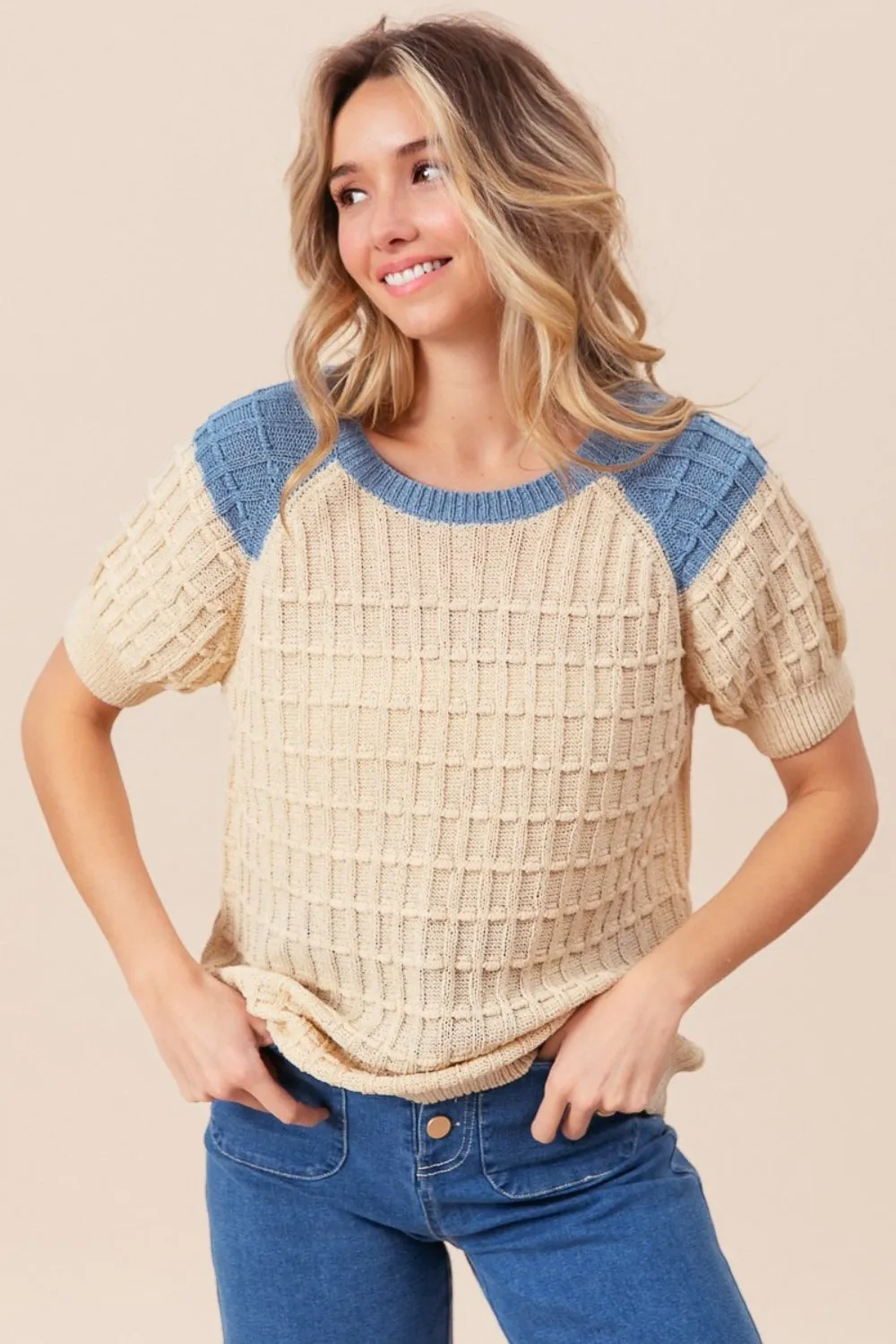 BiBi Textured Contrast Short Sleeve Sweater sold by Charming Charlie