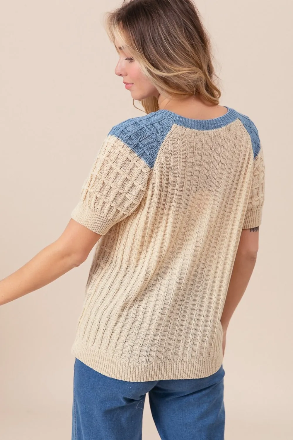 BiBi Textured Contrast Short Sleeve Sweater sold by Charming Charlie product image thumbnail 2