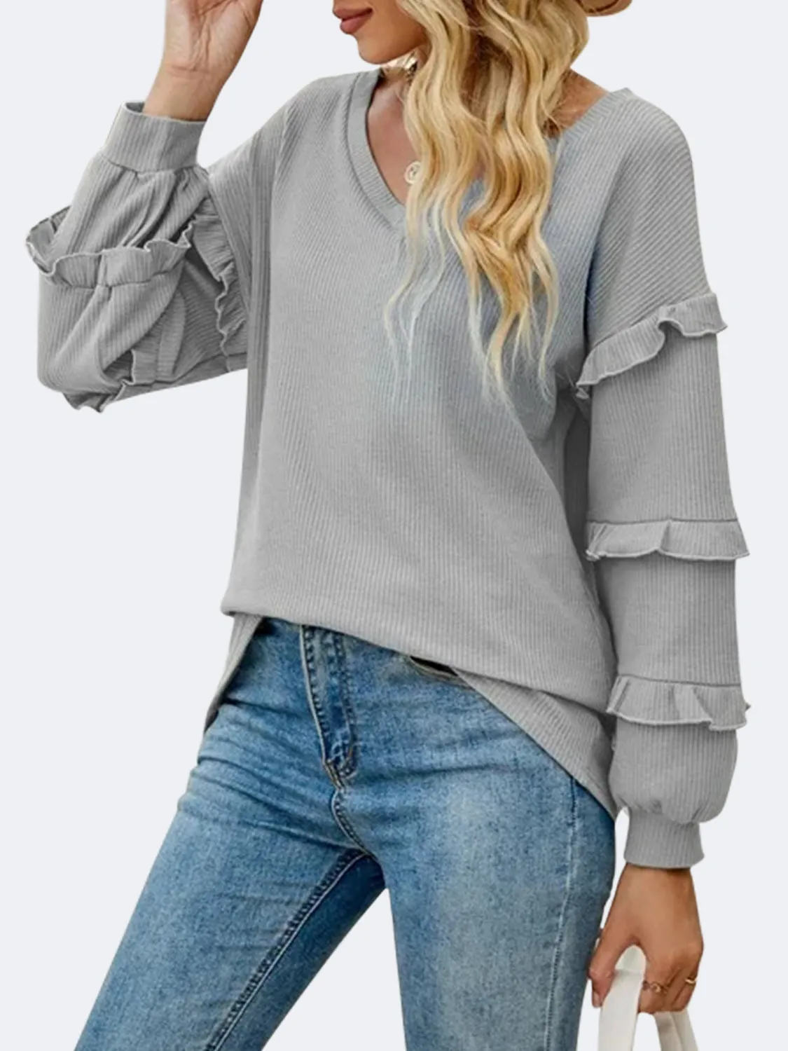 Ruffled V-Neck Long Sleeve T-Shirt sold by Charming Charlie product image thumbnail 5