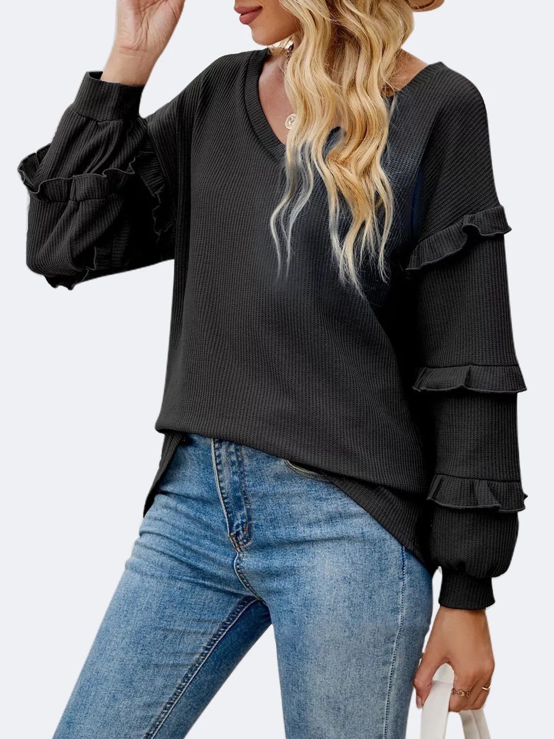 Ruffled V-Neck Long Sleeve T-Shirt sold by Charming Charlie product image thumbnail 2