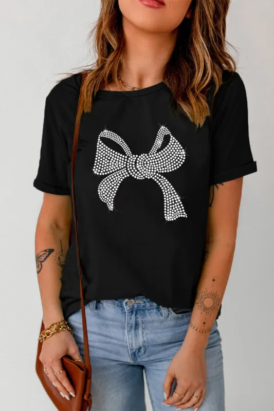 Rhinestone Bow Graphic Round Neck Short Sleeve T-Shirt sold by Charming Charlie