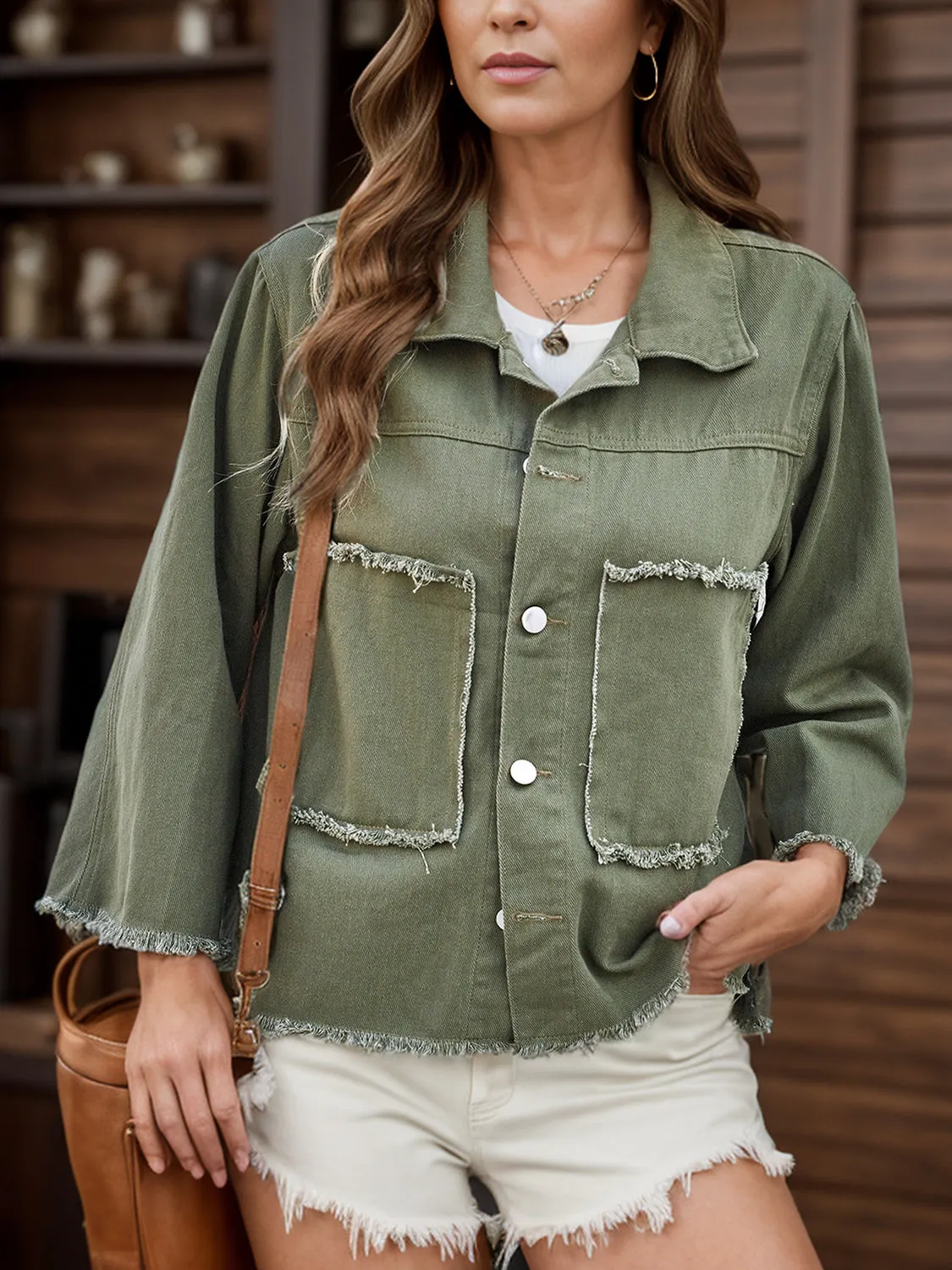 Raw Hem Button Up Denim Jacket sold by Charming Charlie product image thumbnail 3