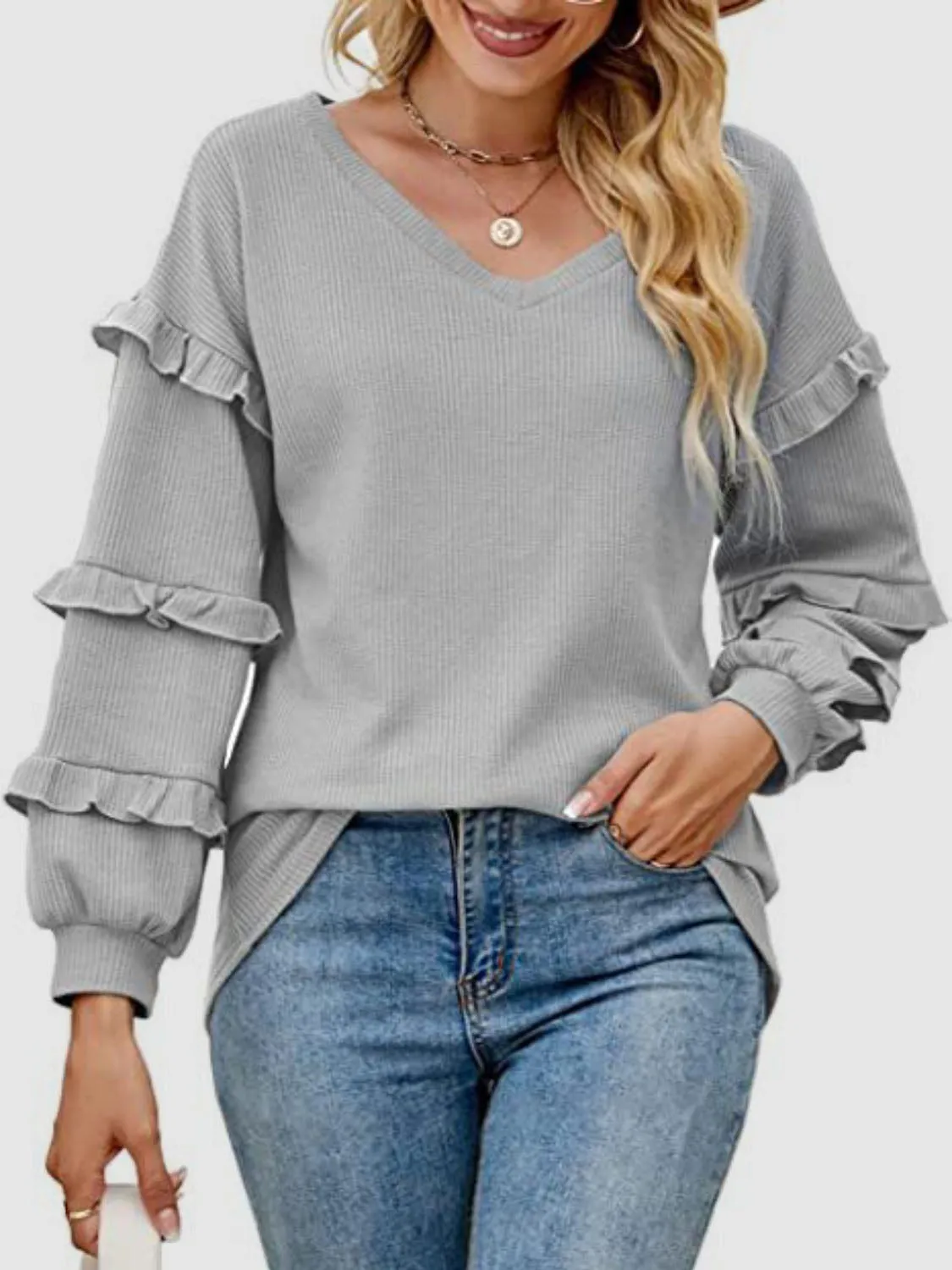 Ruffled V-Neck Long Sleeve T-Shirt sold by Charming Charlie product image thumbnail 4