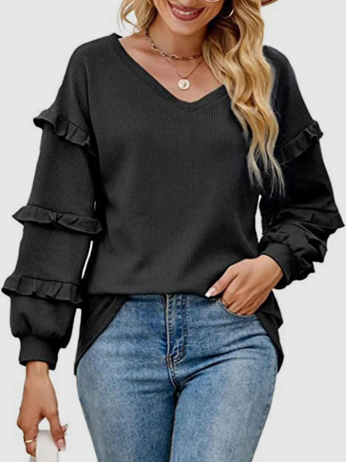 Ruffled V-Neck Long Sleeve T-Shirt sold by Charming Charlie