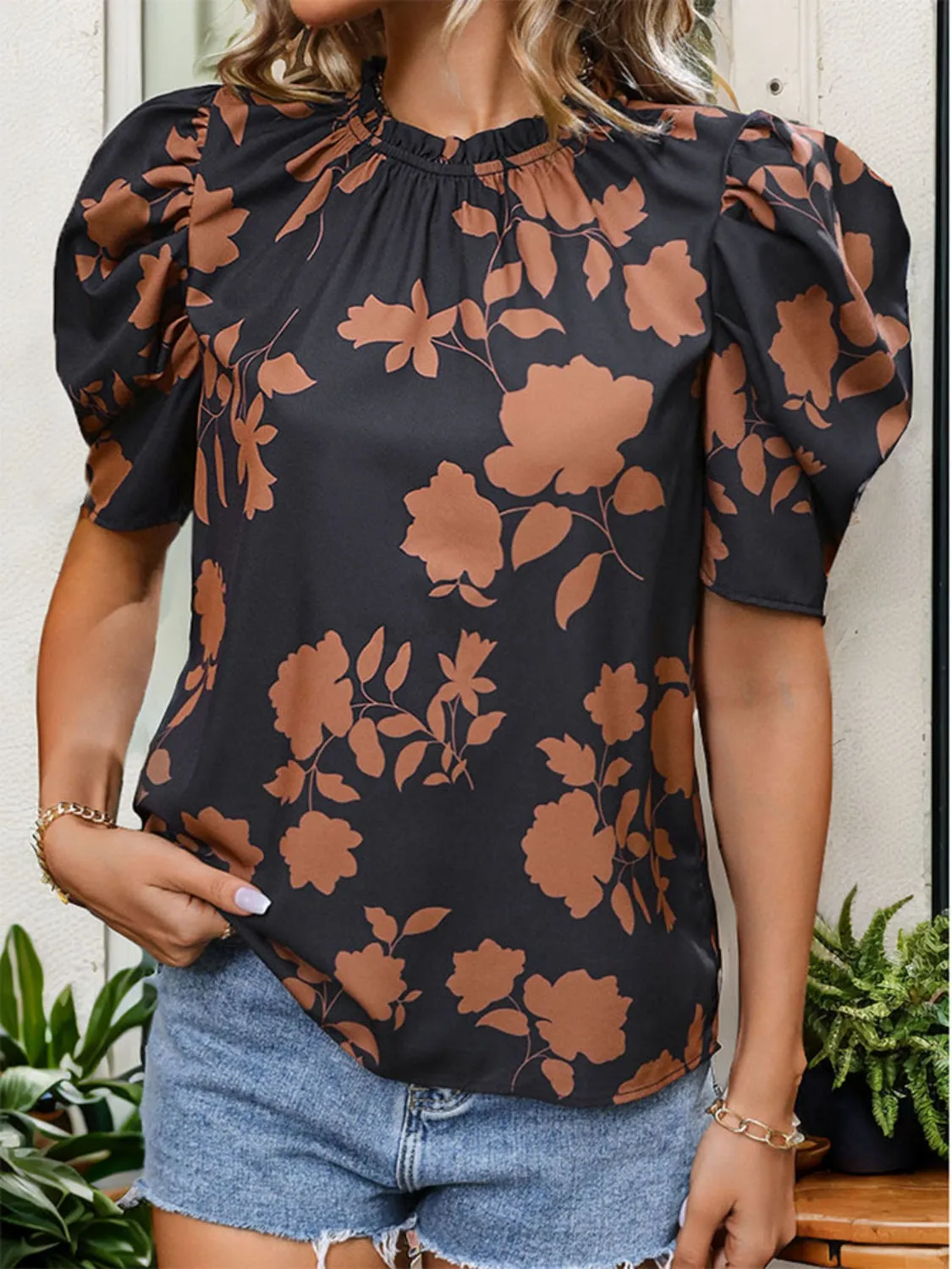 Frill Printed Round Neck Puff Sleeve Blouse sold by Charming Charlie product image thumbnail 5