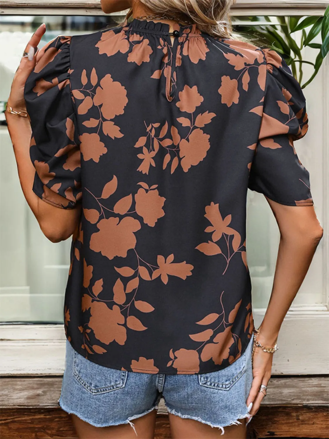 Frill Printed Round Neck Puff Sleeve Blouse sold by Charming Charlie product image thumbnail 2
