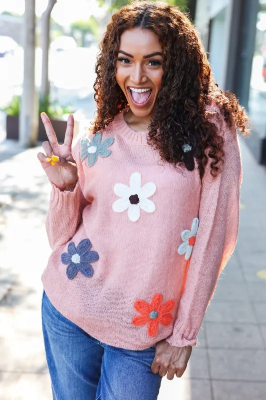 Eyes On You Terracotta Flower Patch Oversized Knit Sweater sold by Charming Charlie