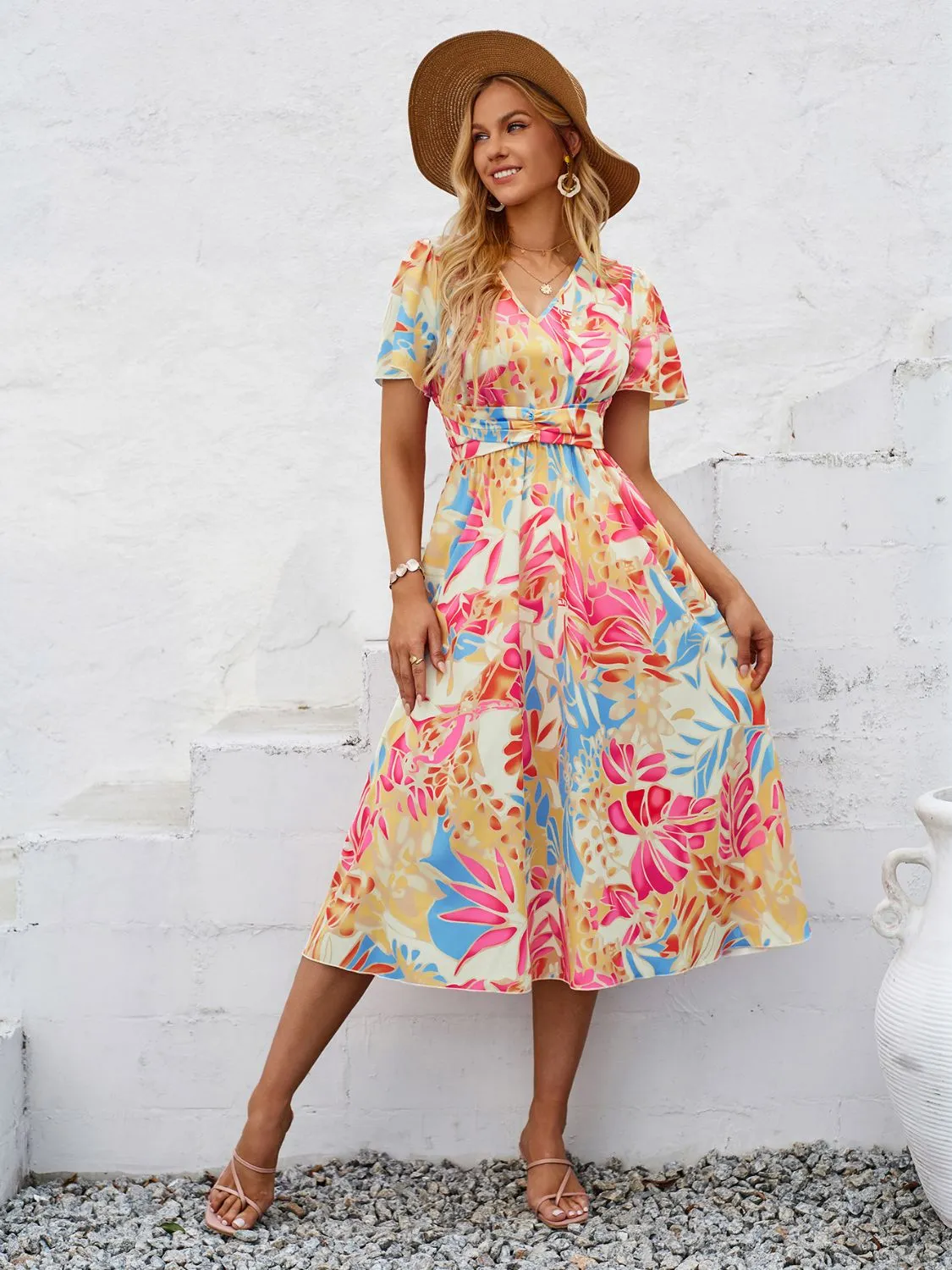 Printed V-Neck Short Sleeve Midi Dress sold by Charming Charlie
