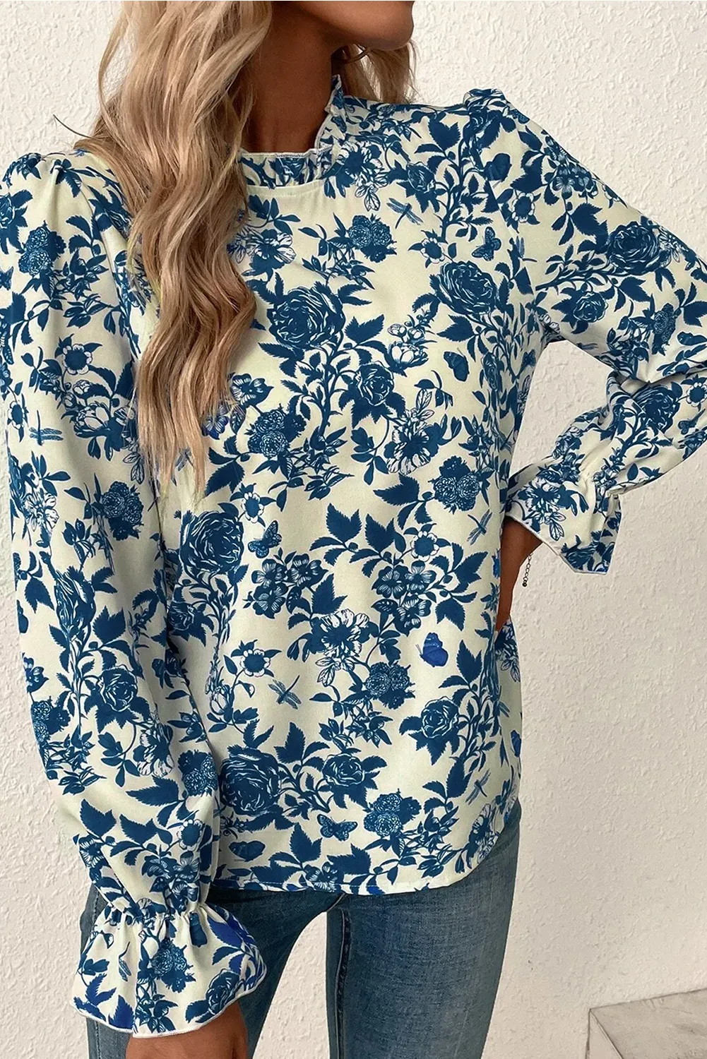 Printed Mock Neck Flounce Sleeve Blouse sold by Charming Charlie product image thumbnail 3