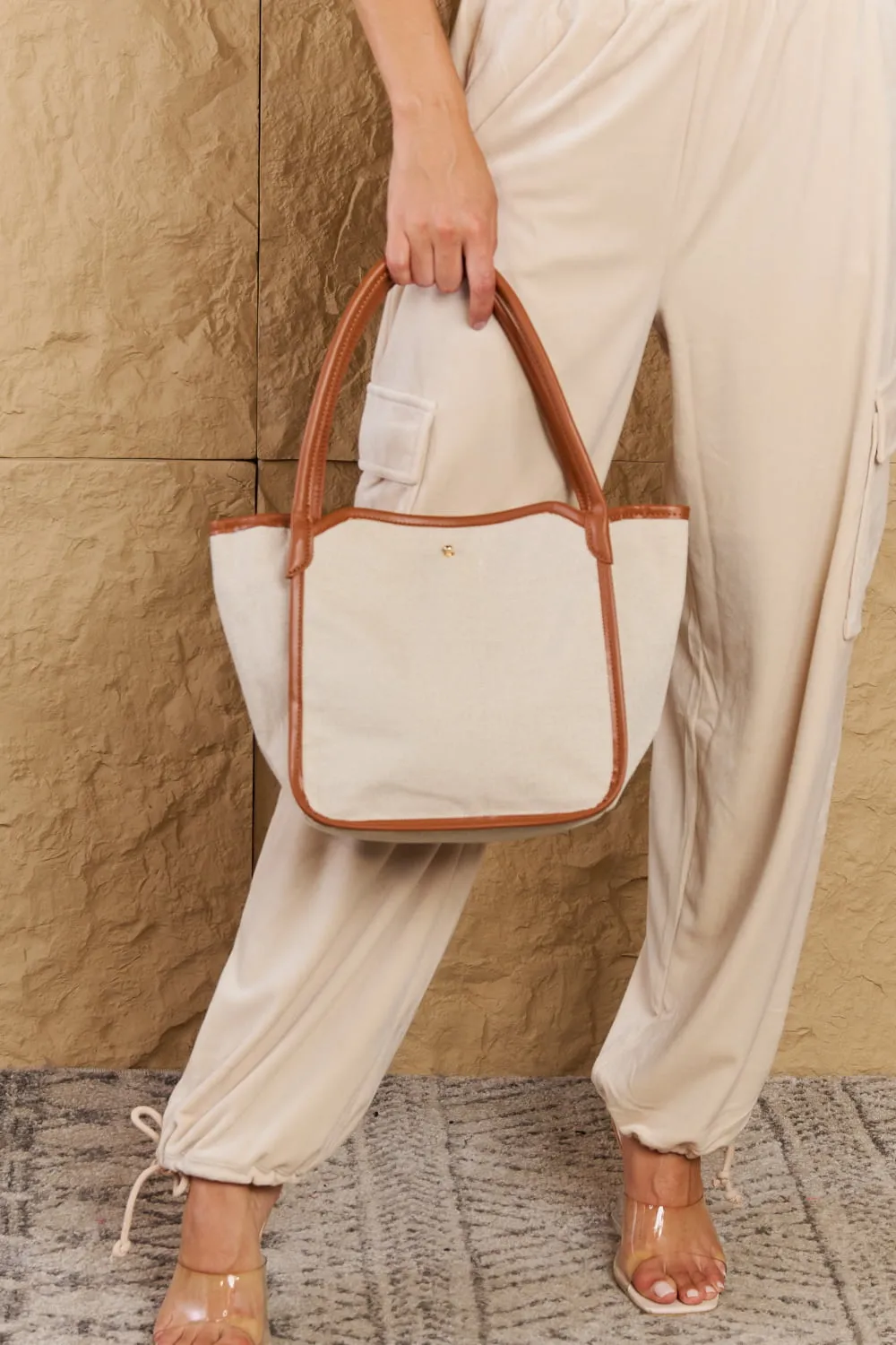 Fame Beach Chic Faux Leather Trim Tote Bag in Ochre sold by Charming Charlie product image thumbnail 2