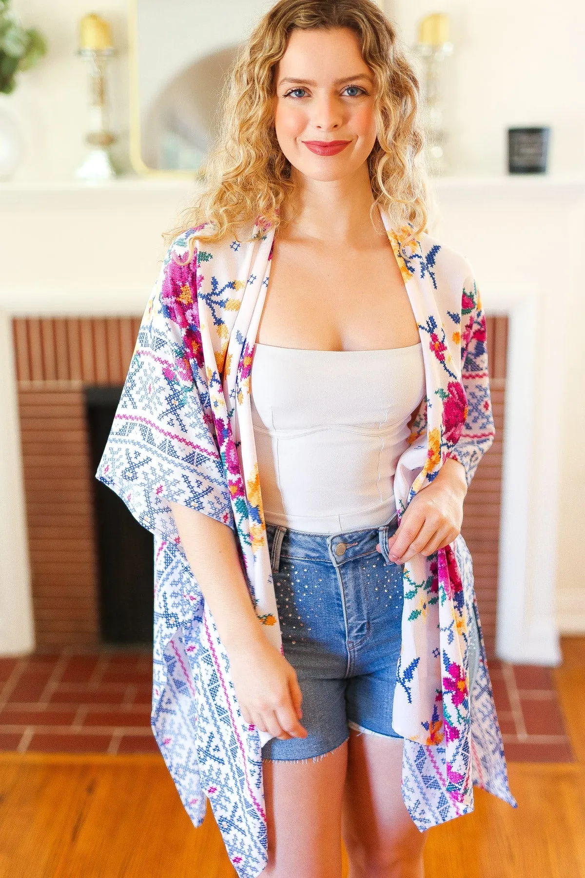 In Your Dreams Ivory Floral Border Print Open Kimono sold by Charming Charlie product image thumbnail 2