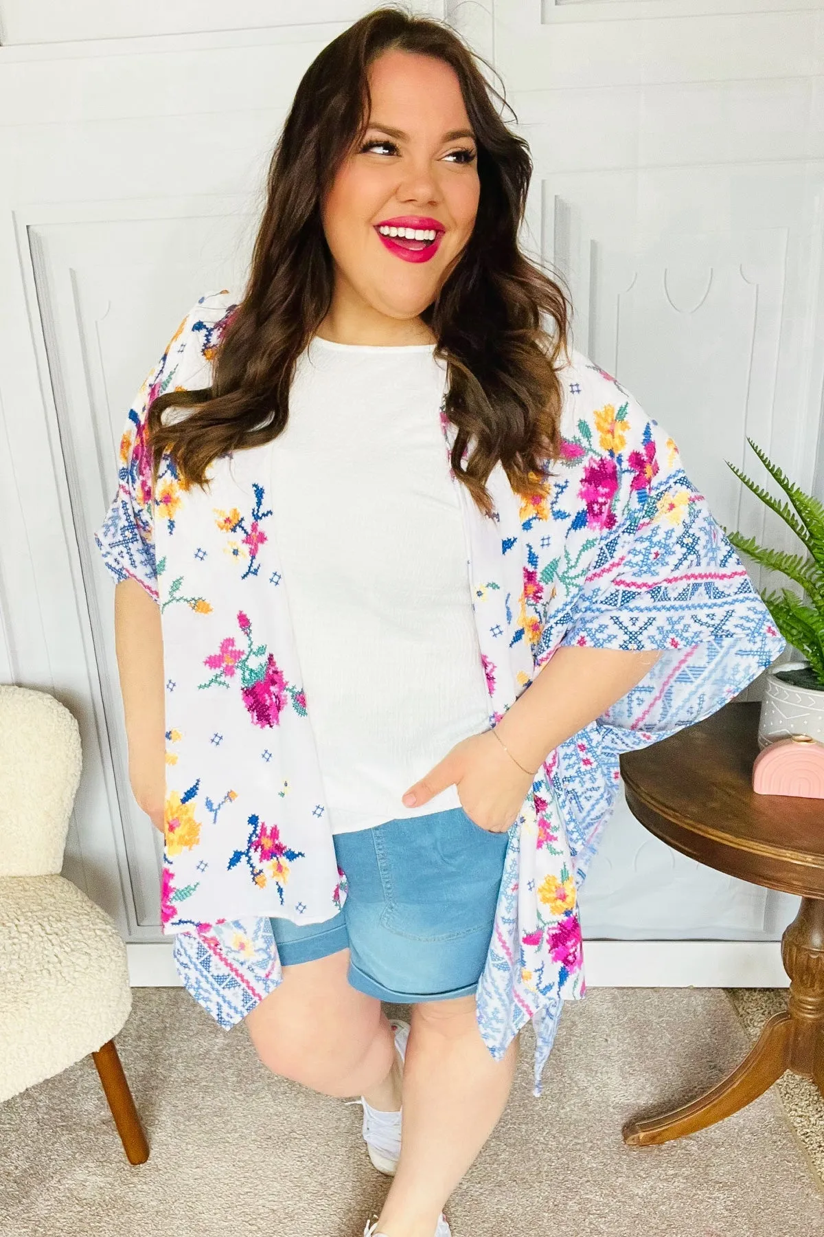 In Your Dreams Ivory Floral Border Print Open Kimono sold by Charming Charlie product image thumbnail 3