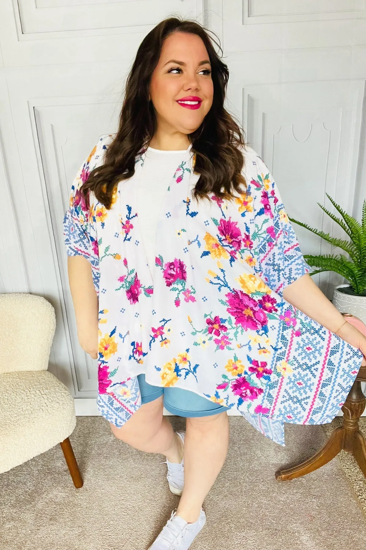 In Your Dreams Ivory Floral Border Print Open Kimono sold by Charming Charlie product image thumbnail 5