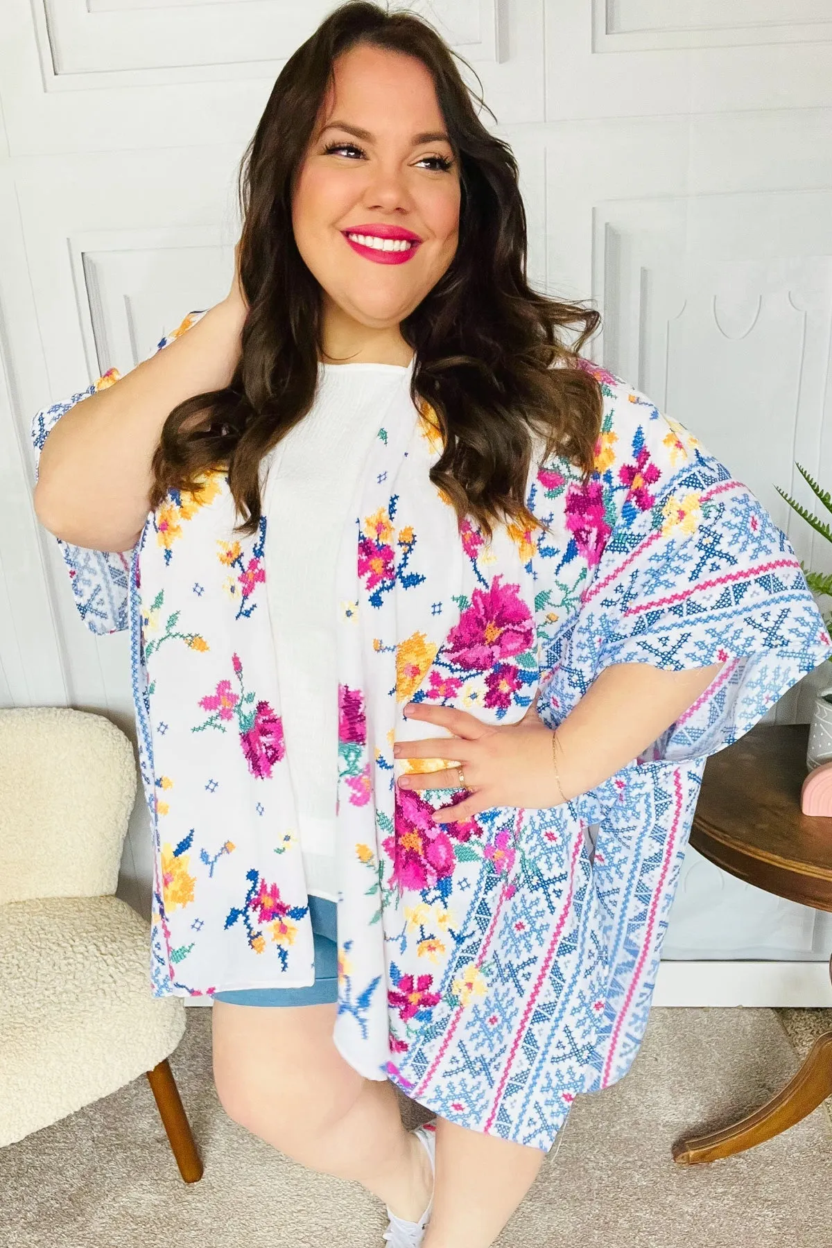 In Your Dreams Ivory Floral Border Print Open Kimono sold by Charming Charlie