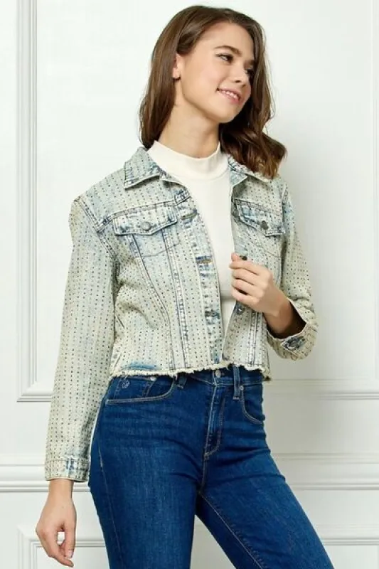 Veveret Multi Color Stripe Rhinestone Raw Hem Denim Jacket sold by Charming Charlie