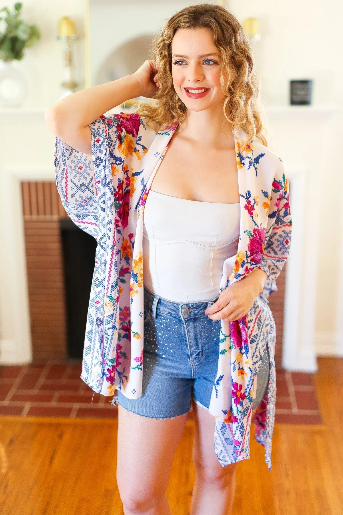 In Your Dreams Ivory Floral Border Print Open Kimono sold by Charming Charlie product image thumbnail 4