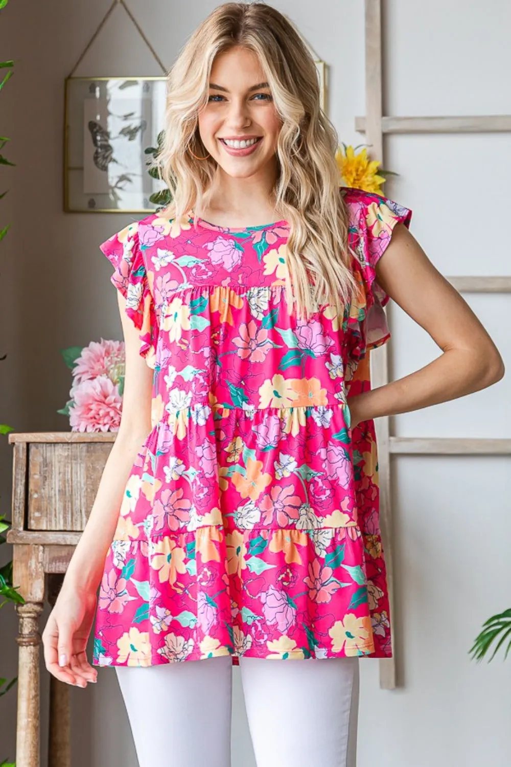 Heimish Full Size Floral Ruffle Sleeve Tiered Blouse sold by Charming Charlie