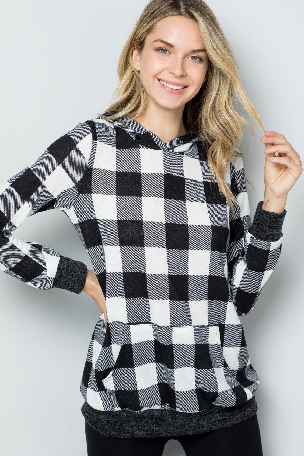 Celeste Full Size Contrast Plaid Long Sleeve Hoodie sold by Charming Charlie