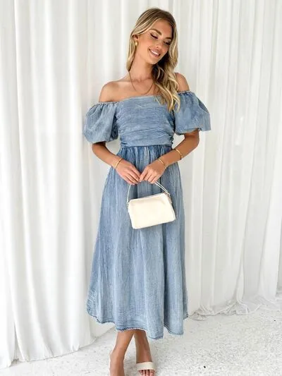 Off-Shoulder Balloon Sleeve Denim Dress sold by Charming Charlie product image thumbnail 5