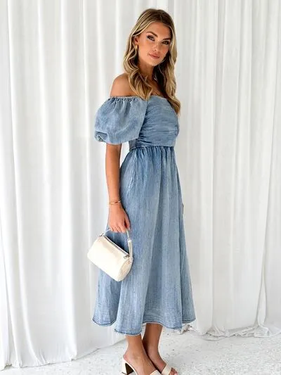 Off-Shoulder Balloon Sleeve Denim Dress sold by Charming Charlie product image thumbnail 2