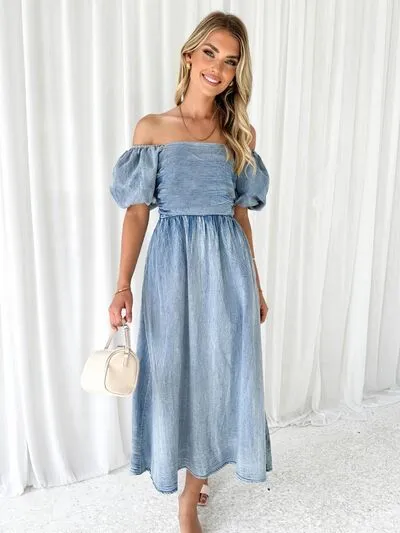 Off-Shoulder Balloon Sleeve Denim Dress sold by Charming Charlie product image thumbnail 3