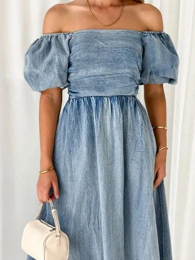 Off-Shoulder Balloon Sleeve Denim Dress sold by Charming Charlie product image thumbnail 4