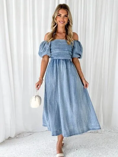 Off-Shoulder Balloon Sleeve Denim Dress sold by Charming Charlie