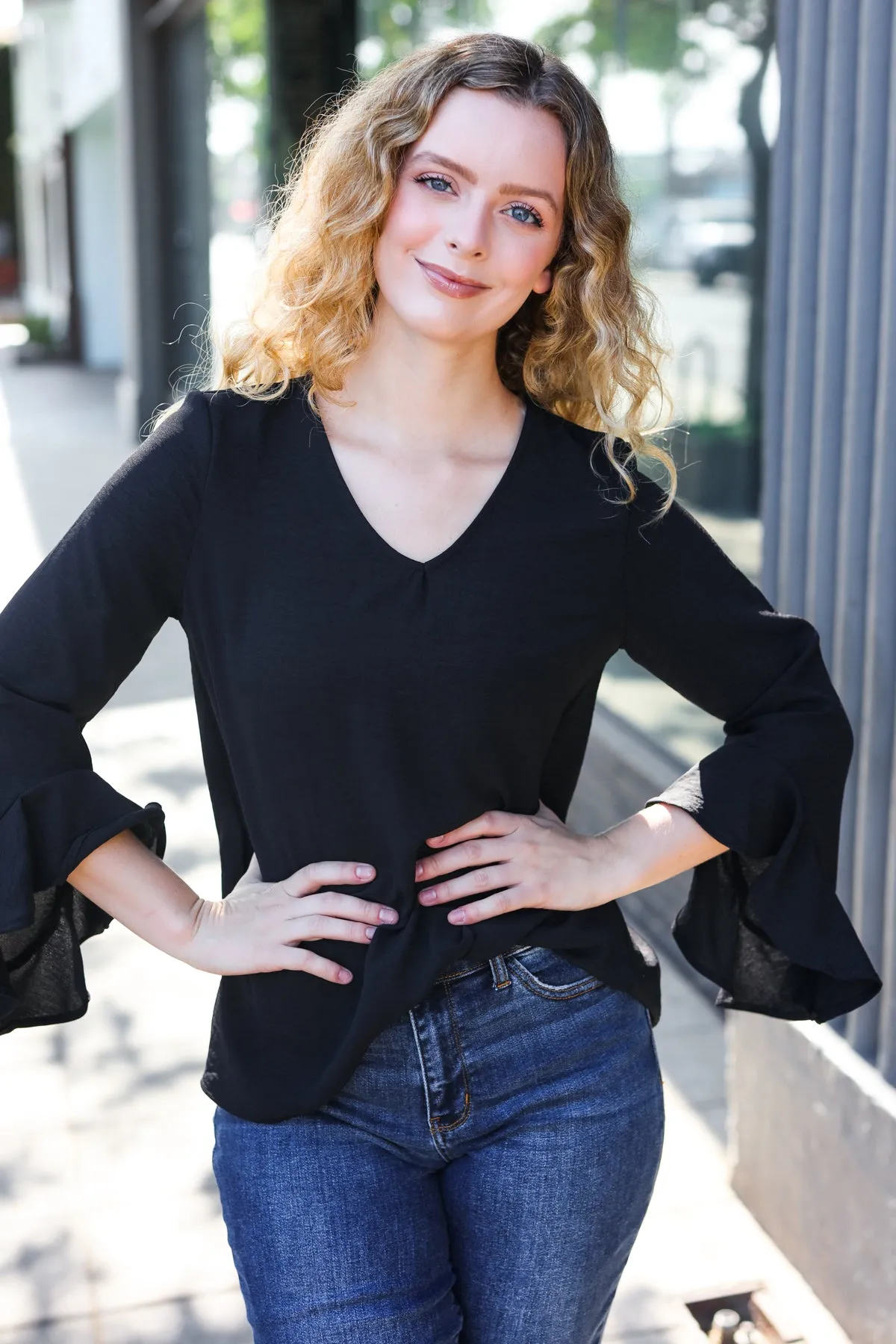 Falling In Love Black Hi-Lo Ruffle Sleeve Woven Top sold by Charming Charlie product image thumbnail 5