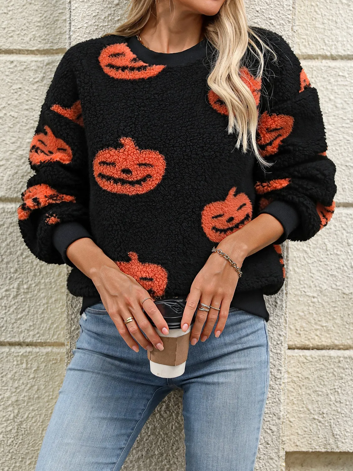 Fuzzy Pumpkin Round Neck Dropped Shoulder Sweater sold by Charming Charlie product image thumbnail 4
