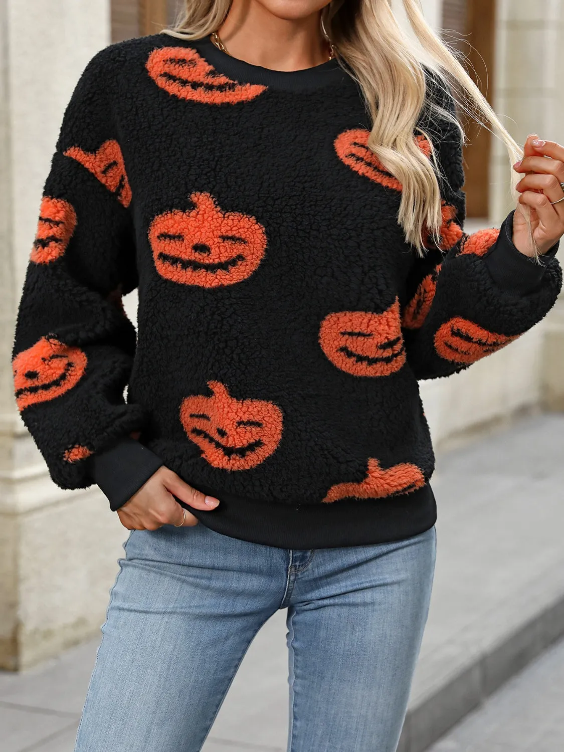 Fuzzy Pumpkin Round Neck Dropped Shoulder Sweater sold by Charming Charlie