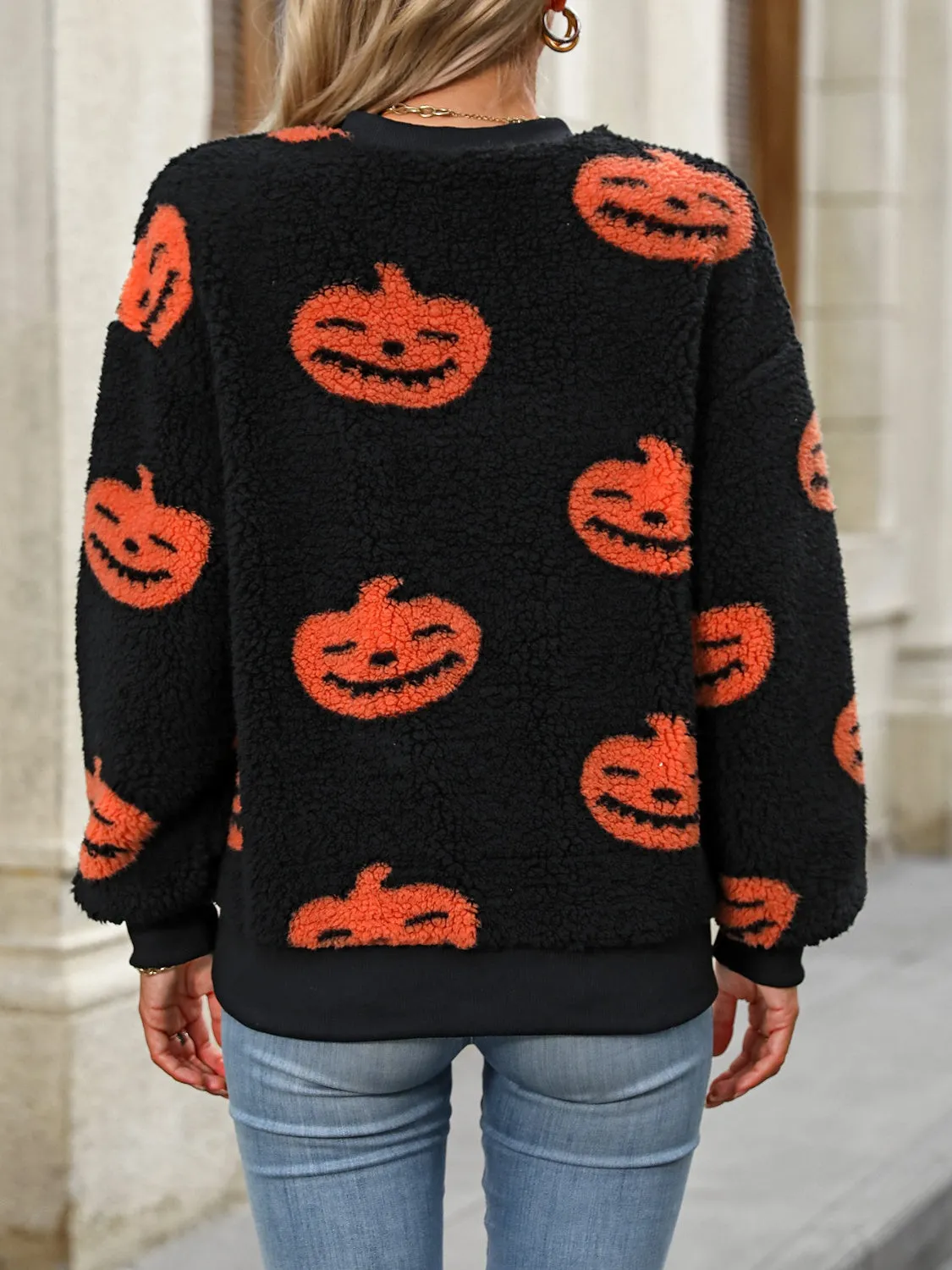 Fuzzy Pumpkin Round Neck Dropped Shoulder Sweater sold by Charming Charlie product image thumbnail 2