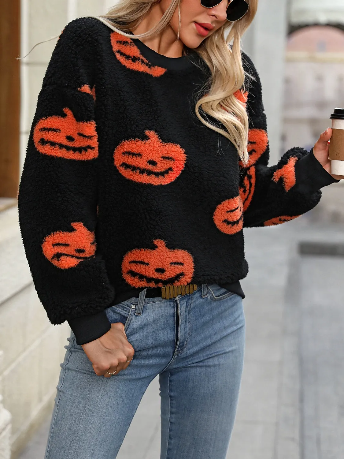 Fuzzy Pumpkin Round Neck Dropped Shoulder Sweater sold by Charming Charlie product image thumbnail 3